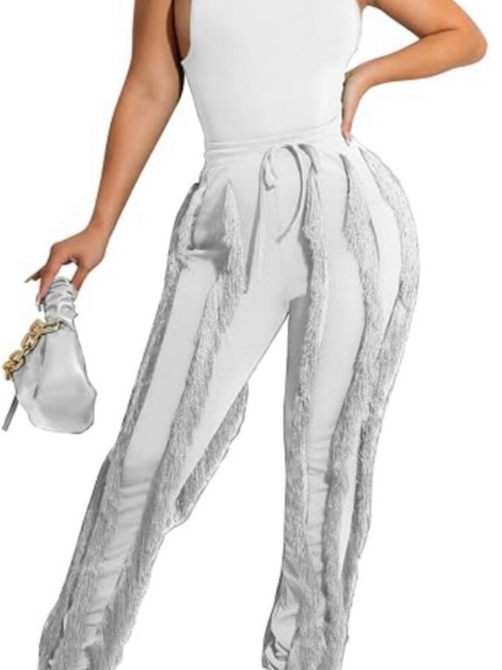 NWOT Women’s White High-Waist Drawstring Fringe Pants/tank top set Sz Large